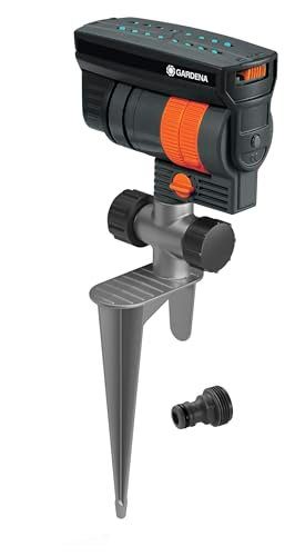 GARDENA 20575 | Up to 2300 sq ft - ZoomMaxx Adjustable Oscillating Sprinkler on Metal Step Spike for Watering Large Area Lawn with US Hose Threads, Yard and Garden. Gardena Quick Connects