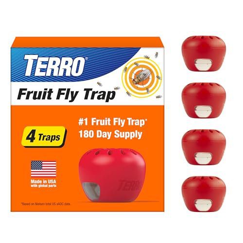 TERRO Fruit Fly Traps for Indoors (4 Pack) + 180 Days of Lure Supply - T2503SR - Lure and Kill Indoor Fruit Flies Near Fruit, Trash Cans, Countertops - Ready to Use Trap - 180 Day Supply