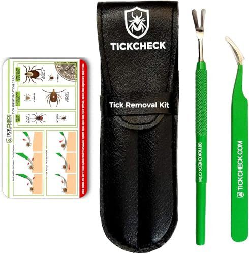 TickCheck Premium Tick Remover Kit - Stainless Steel Tick Remover + Tweezers, Leather Case, and Free Pocket Tick Identification Card (1 Set)