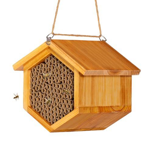 Mason Bee House Wax Coated Bee Hotel, Pollinator House Waterproof, Natural Handmade Wooden Mason Bee Hotel for Pollinating Bees Garden Supplies