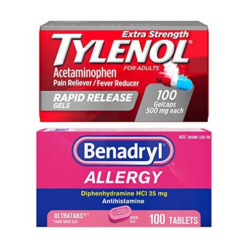 Benadryl Ultratabs Antihistamine Allergy Relief Tablets with 25 mg Diphenhydramine HCl, 100 ct and Tylenol Extra Strength Pain Reliever Rapid Release Gels with 500 mg Acetaminophen, 100 ct