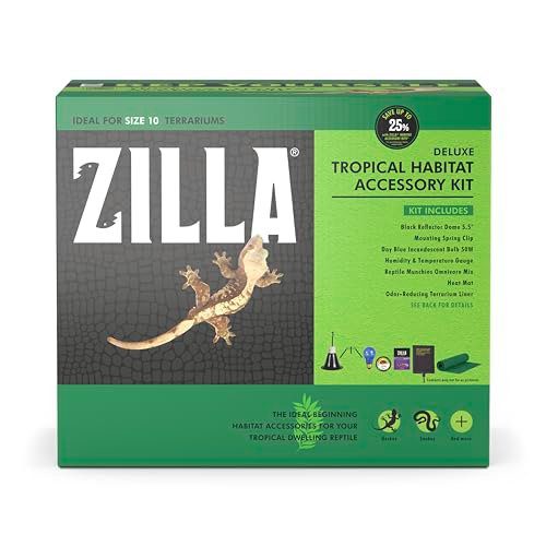 Zilla Tropical Habitat Accessory Kit, Starter Kit for Reptiles, Easy Start for Tropical-Dwelling Reptiles, Includes Lighting, Heating, Bedding and Food, Ideal for Size 10G Terrariums