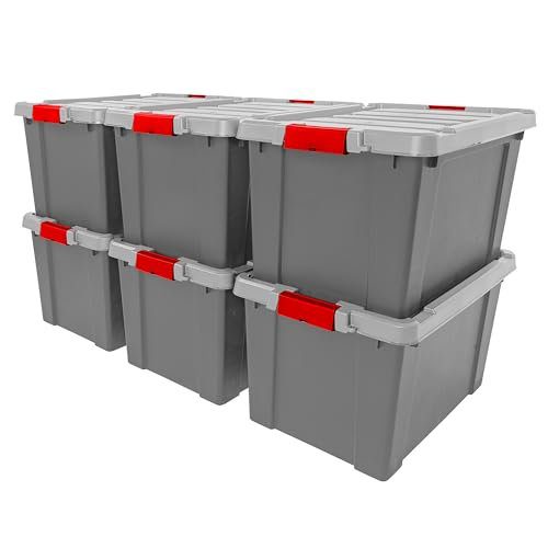 IRIS USA 20 Gallon Lockable Storage Totes with Lids, 6 Pack - Gray, Heavy-Duty Durable Stackable Containers, Large Garage Organizing Bins Moving Tubs, Rugged Sturdy Equipment Utility Tool Box