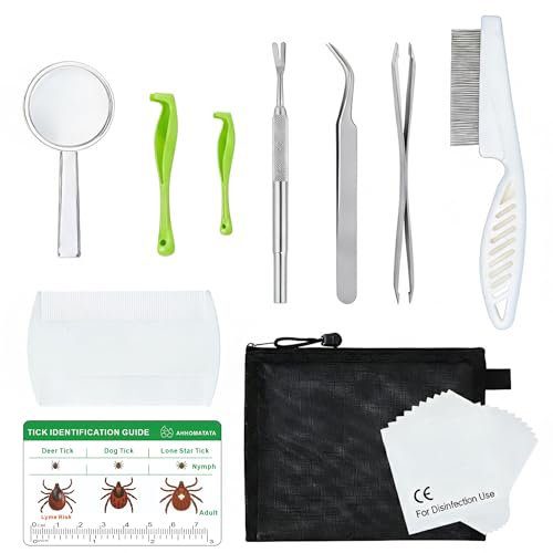 AHHOMATATA Tick Removal Tool & Twister Kit for Dogs, Cats & Humans, 10-in-1 Stainless Steel Tick Removers & Tick Puller Set - Professional Tick Tweezers Tool for Camping, Hiking & Dog Tick Remover