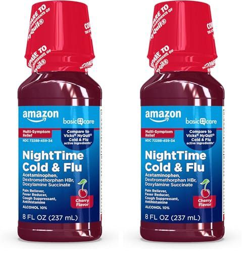 Amazon Basic Care Nighttime Cold & Flu Relief Syrup, Cherry, 8 fl oz (2-Pack)