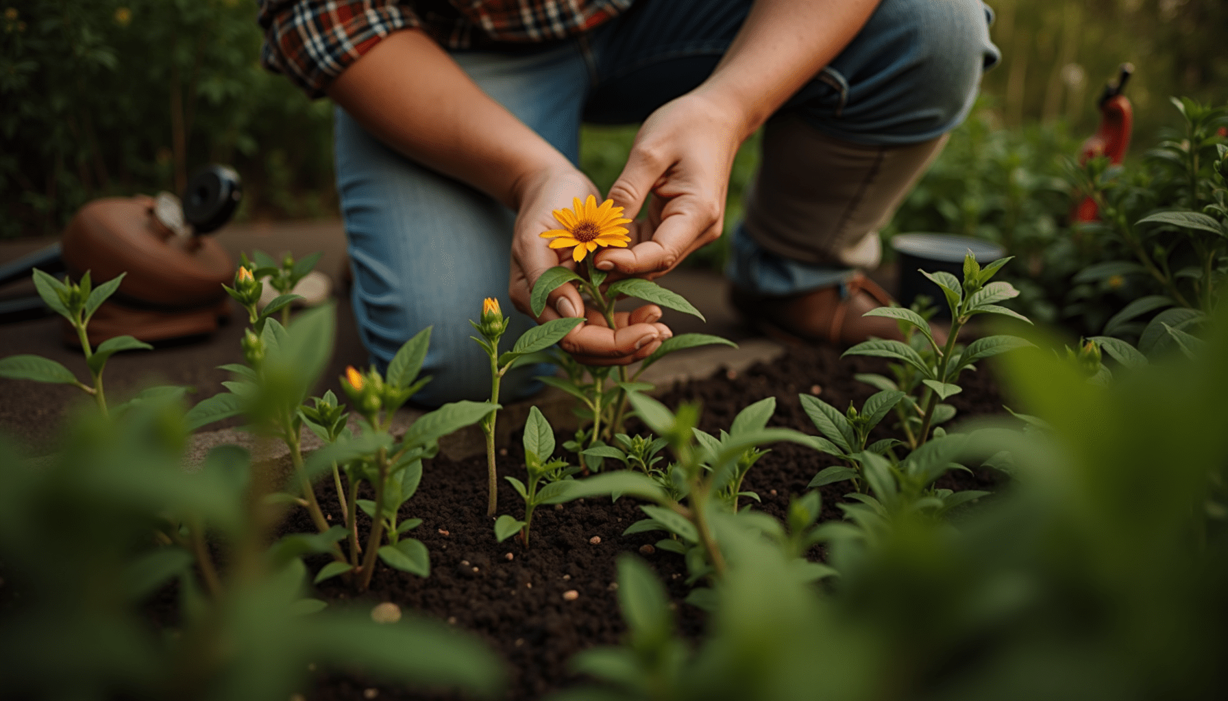 A gardener inspecting flowers to attract pollinators in their garden.