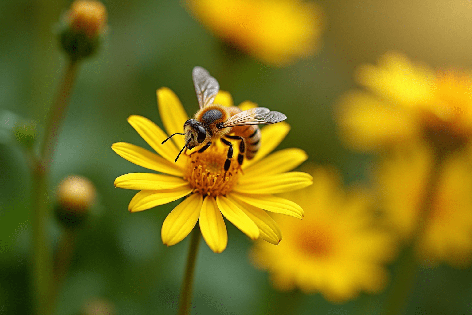 Close-up of a honeybee on a flower, illustrating how to attract pollinators in the garden.
