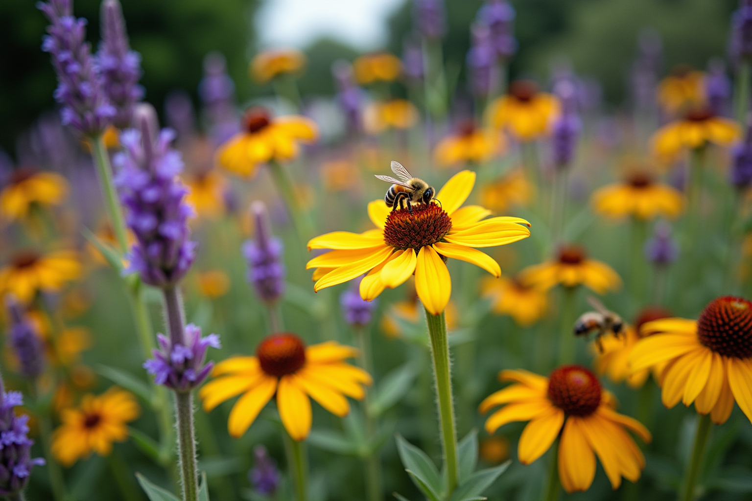 A garden rich with pollinator-friendly plants attracting various insects.