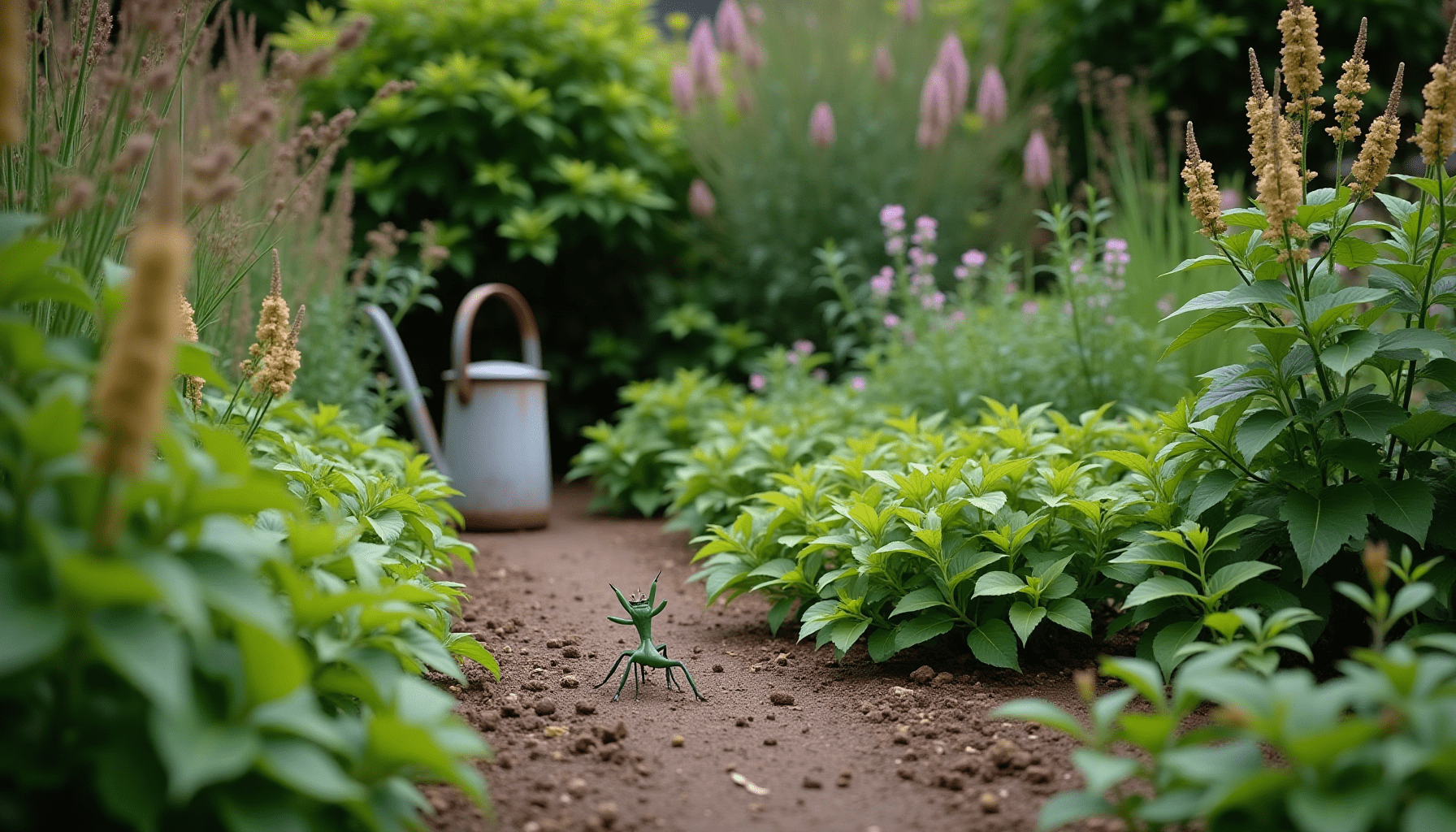 A medium-wide shot of a thriving garden corner with dense plants and grasses, illustrating an ideal mantis habitat for natural pest control.