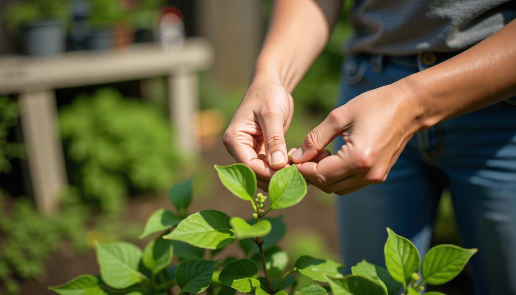 A gardener's hands gently inspecting leaves on a plant in a home garden, observing nature and looking to attract praying mantises.