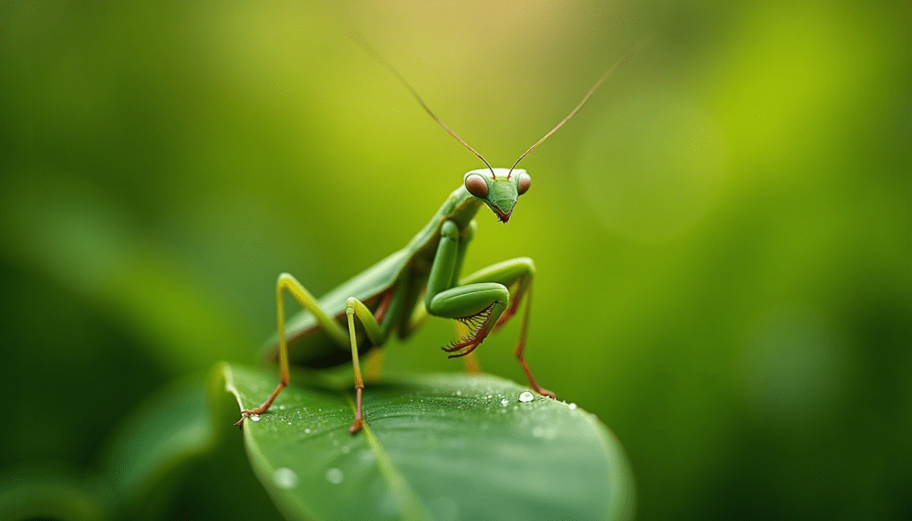 A stunning macro photograph of a vibrant green praying mantis on a dewy leaf, showcasing intricate details, a beneficial insect for your garden.