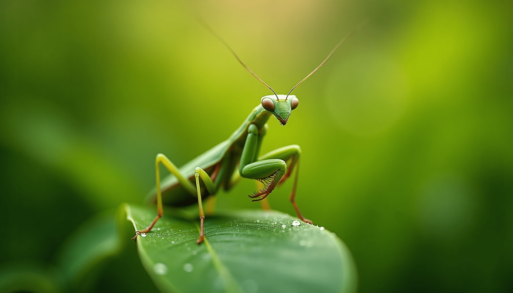 A stunning macro photograph of a vibrant green praying mantis on a dewy leaf, showcasing intricate details, a beneficial insect for your garden.