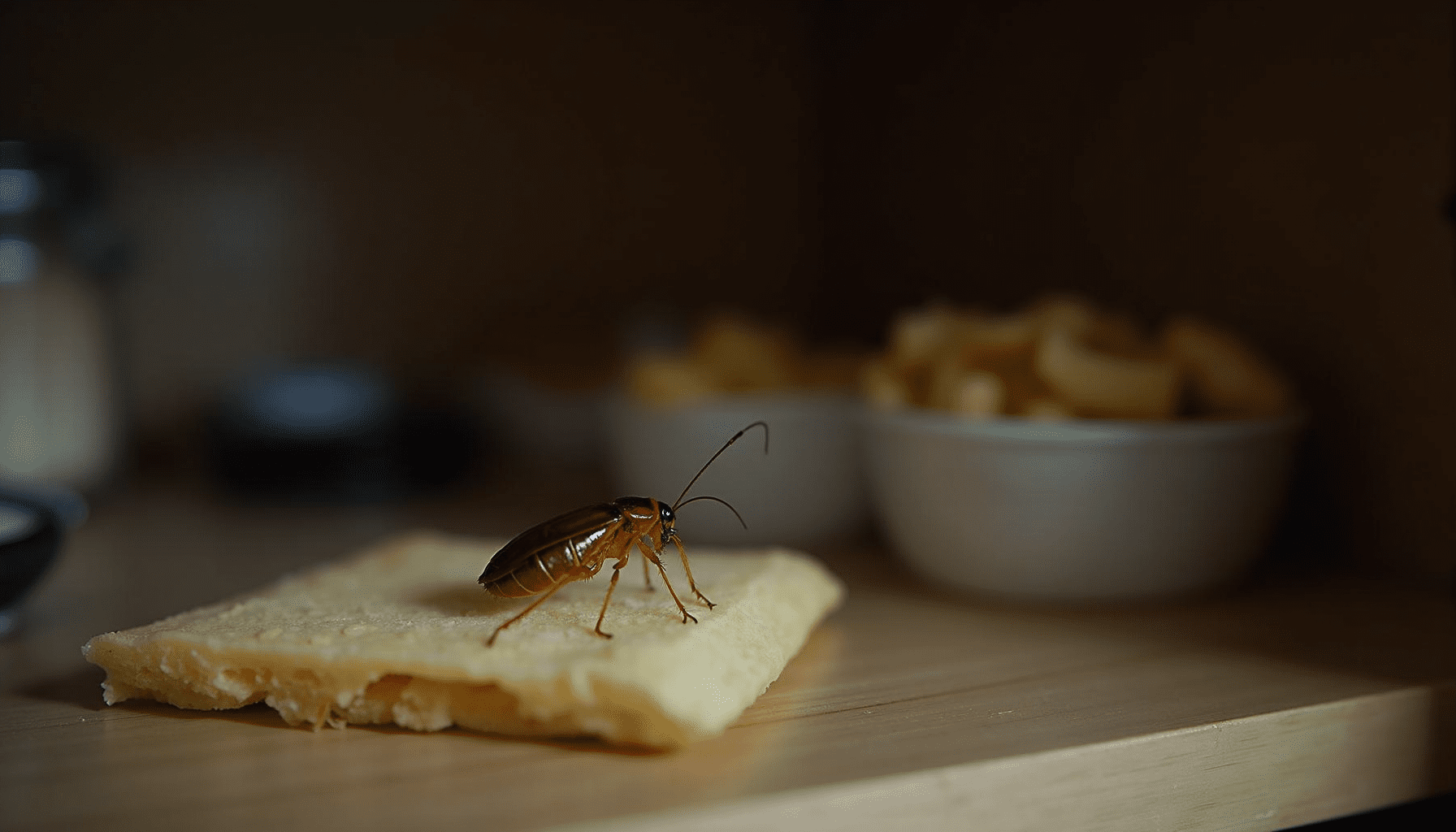 A kitchen cabinet scene with a baby cockroach nymph, illustrating its habitat for identification.