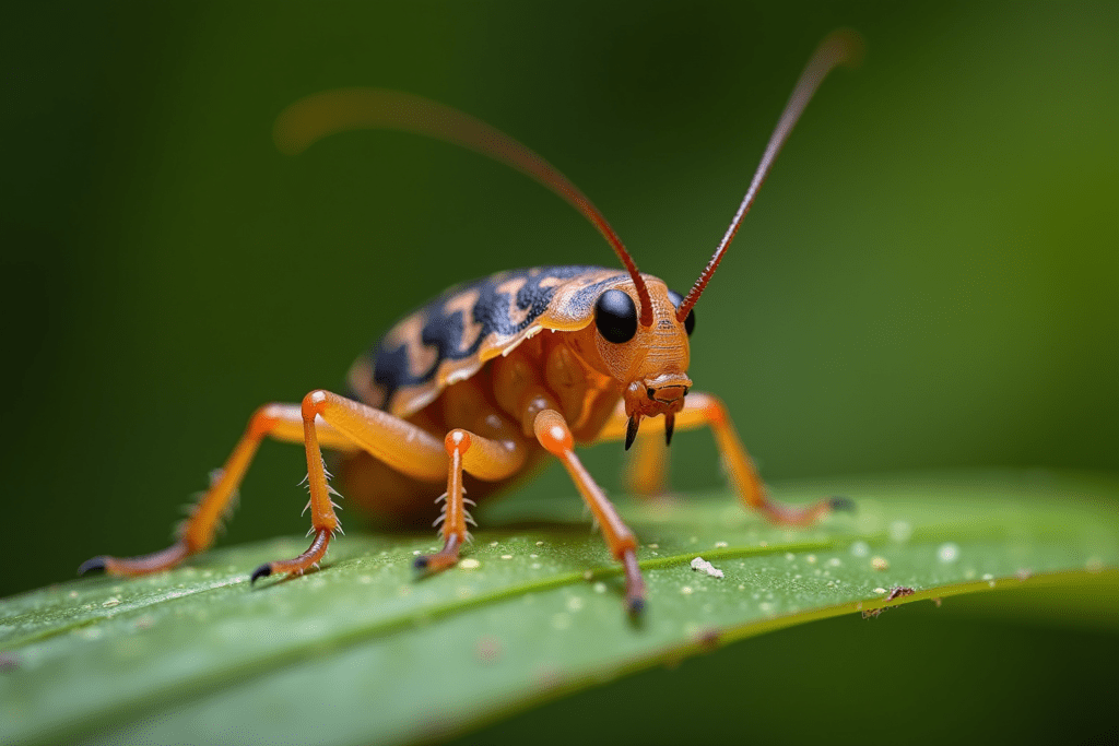 Close-up of a baby cockroach nymph on a leaf, highlighting its details for cockroach identification.