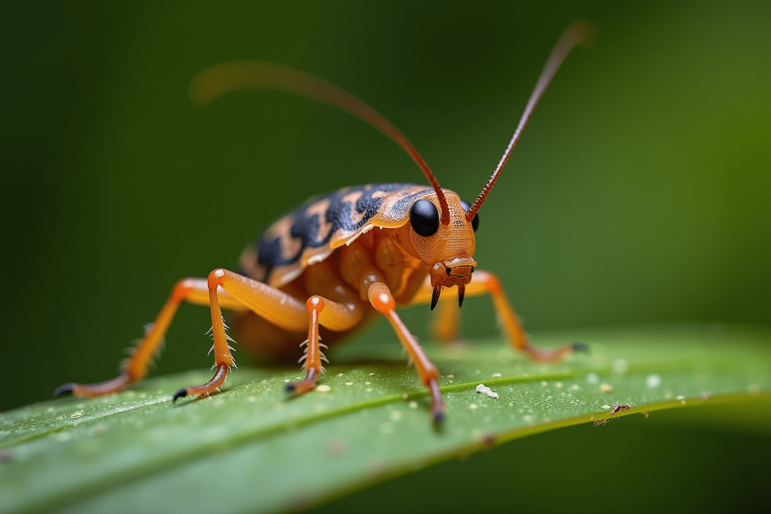 Close-up of a baby cockroach nymph on a leaf, highlighting its details for cockroach identification.