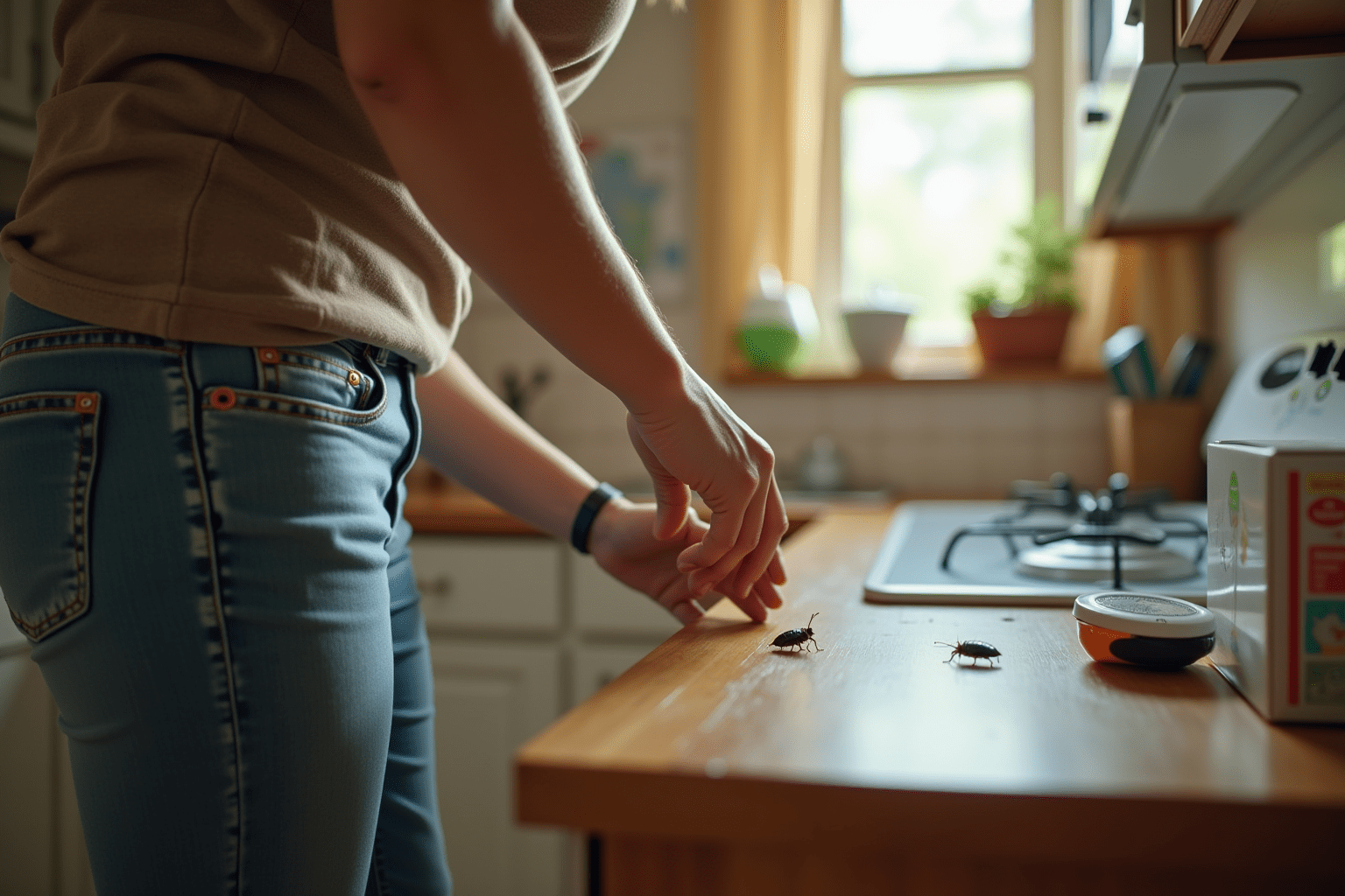 Person inspecting a kitchen cabinet for baby cockroaches, demonstrating practical pest identification.