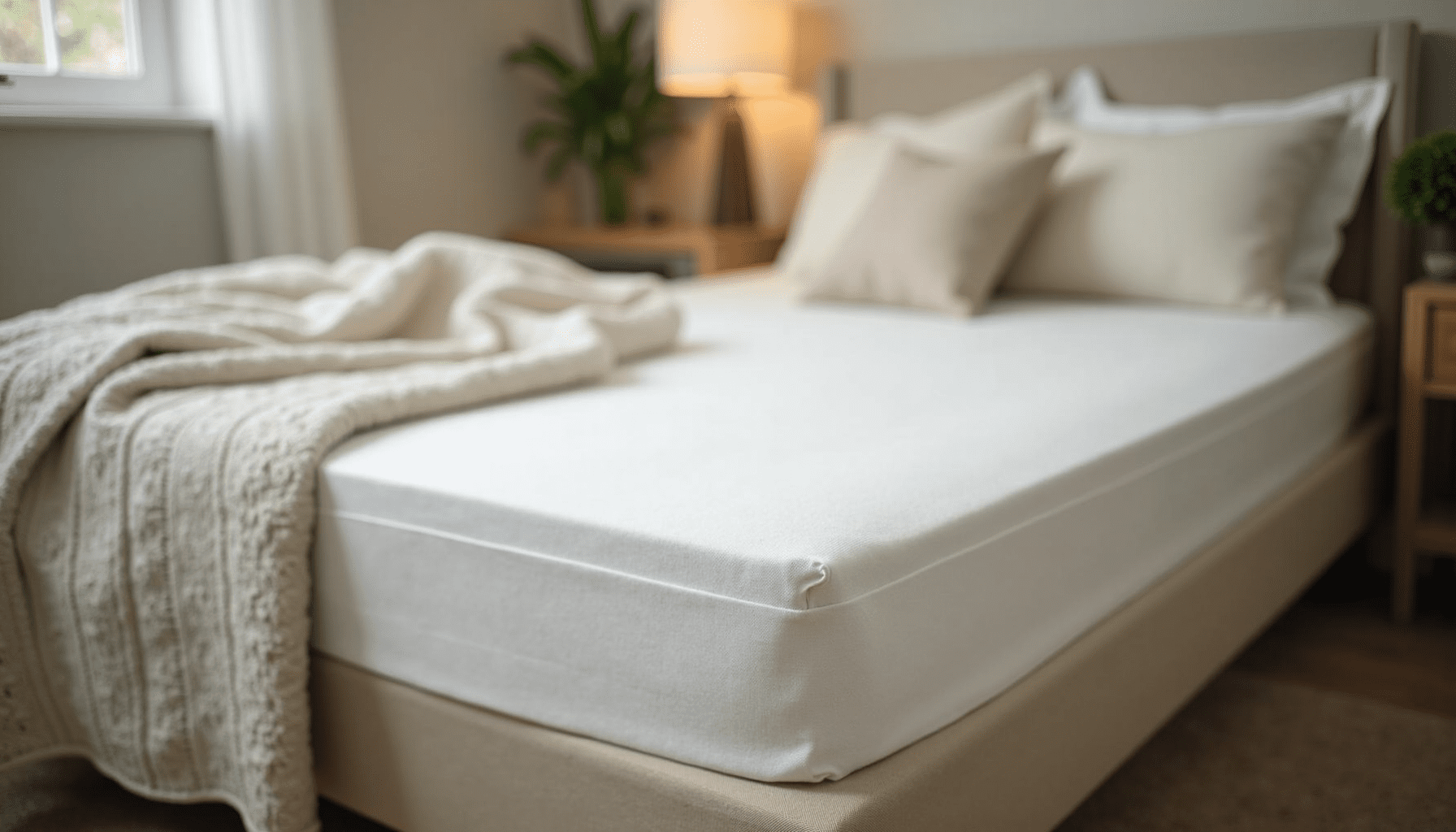 A cozy bedroom featuring a mattress encasement, illustrating a bed bug prevention environment.