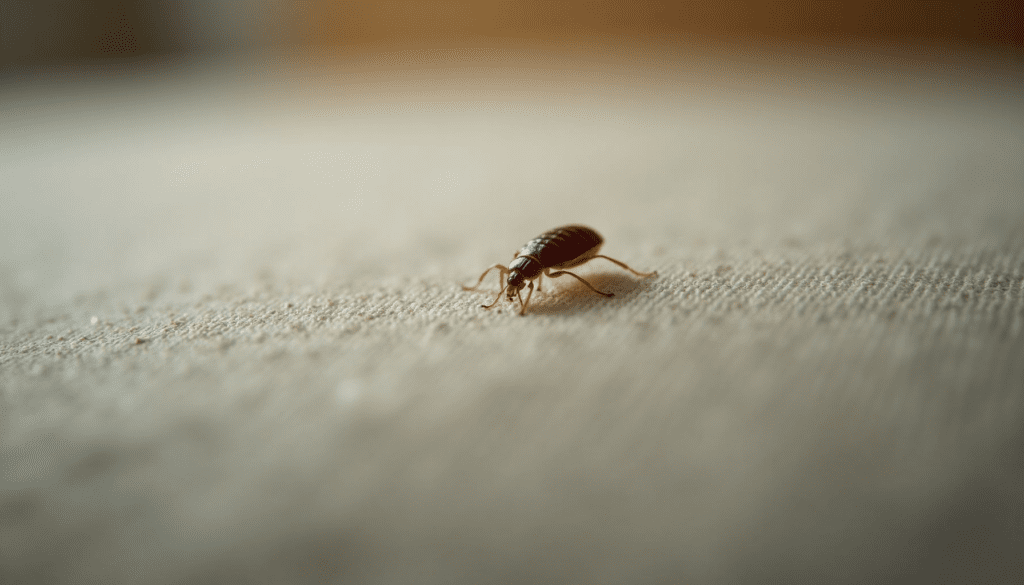 Close-up of a bed bug on a mattress encasement, showcasing its details and textures.