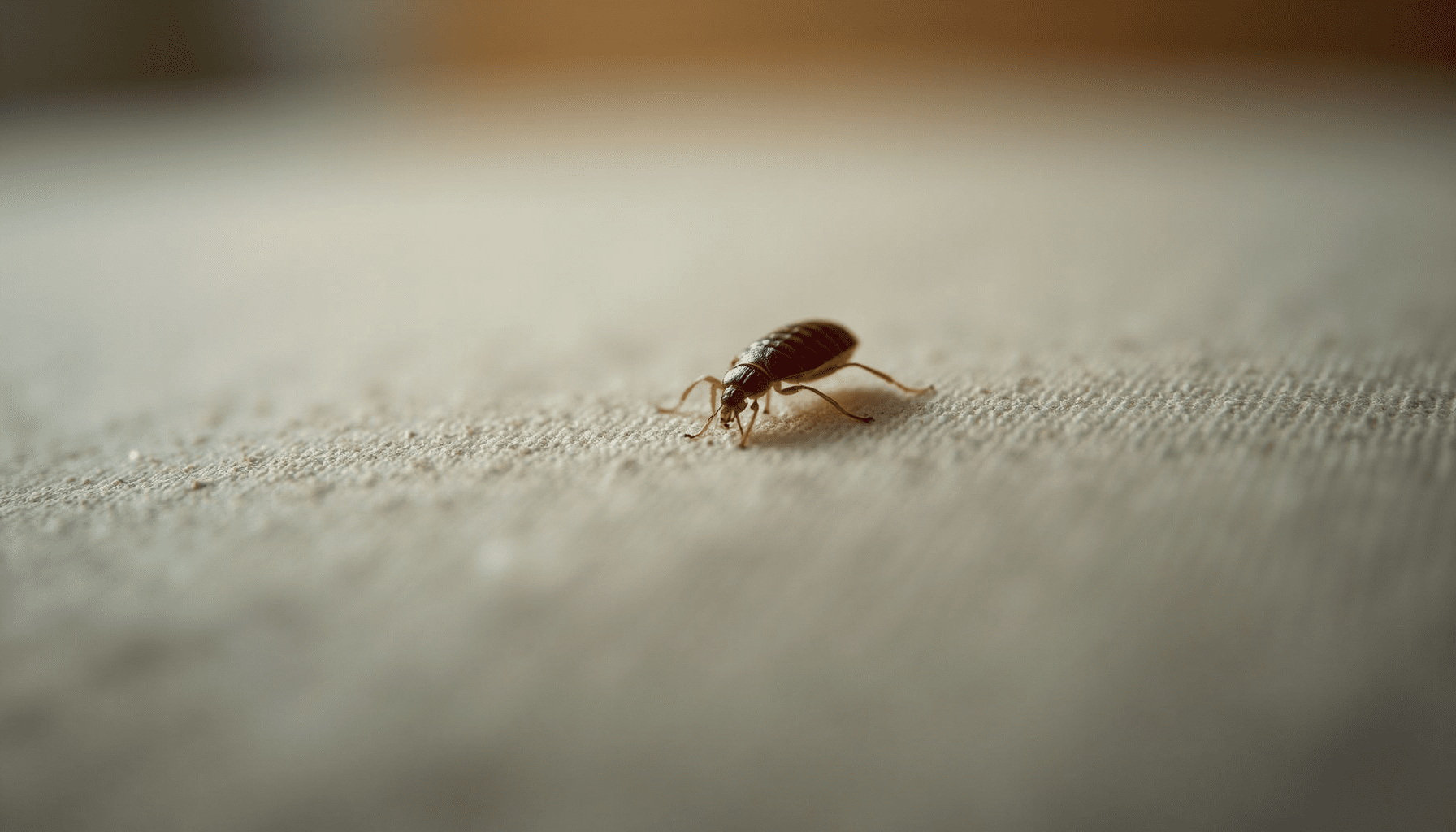 Close-up of a bed bug on a mattress encasement, showcasing its details and textures.