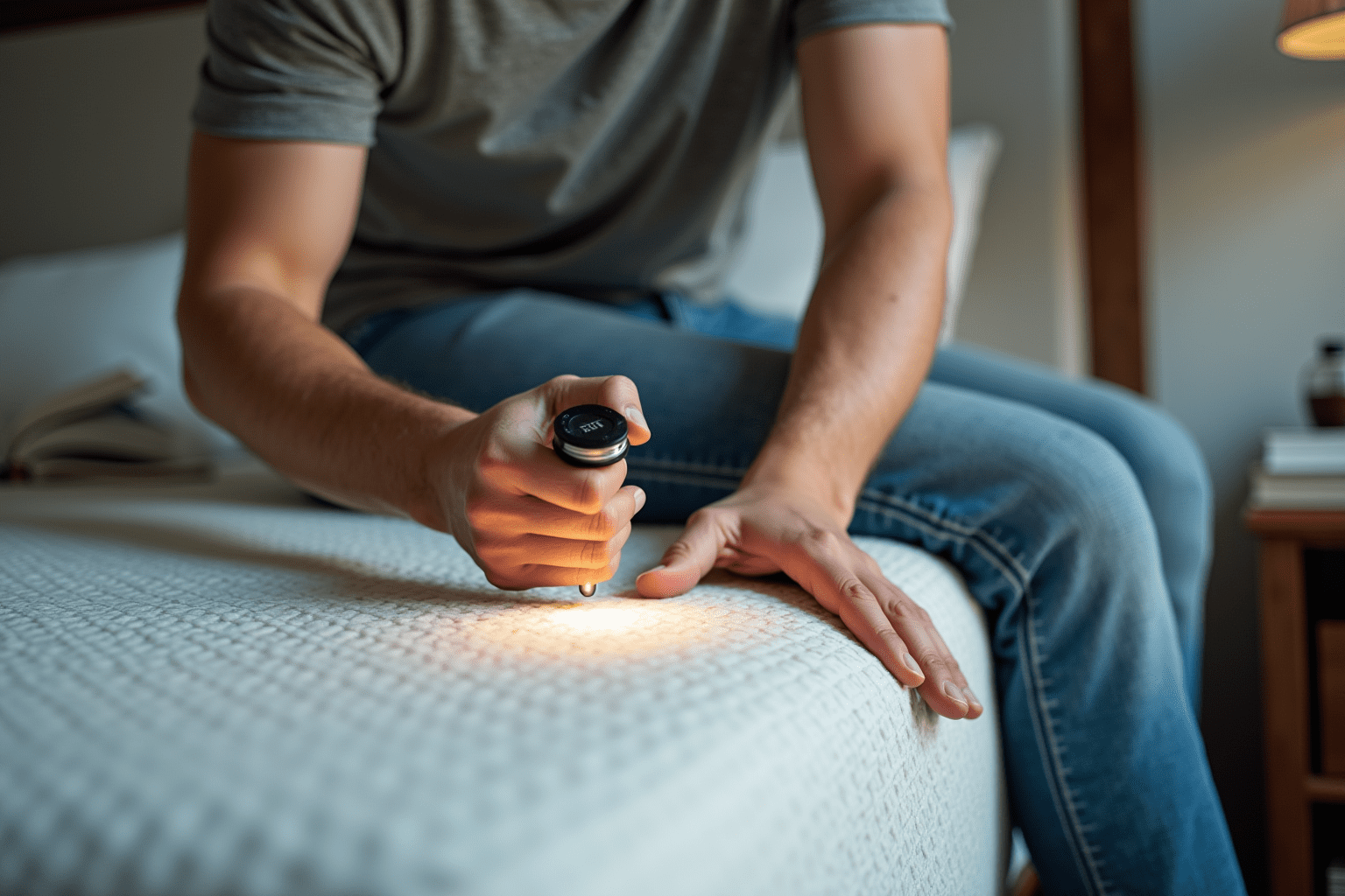 Person inspecting a mattress for bed bugs in a realistic bedroom setting.