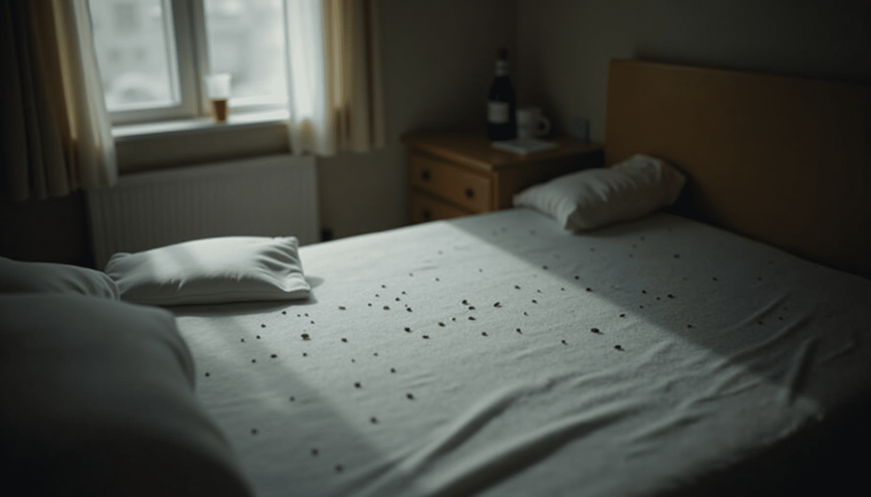 Bedroom scene showing signs of bed bug infestation with dark specks on sheets.