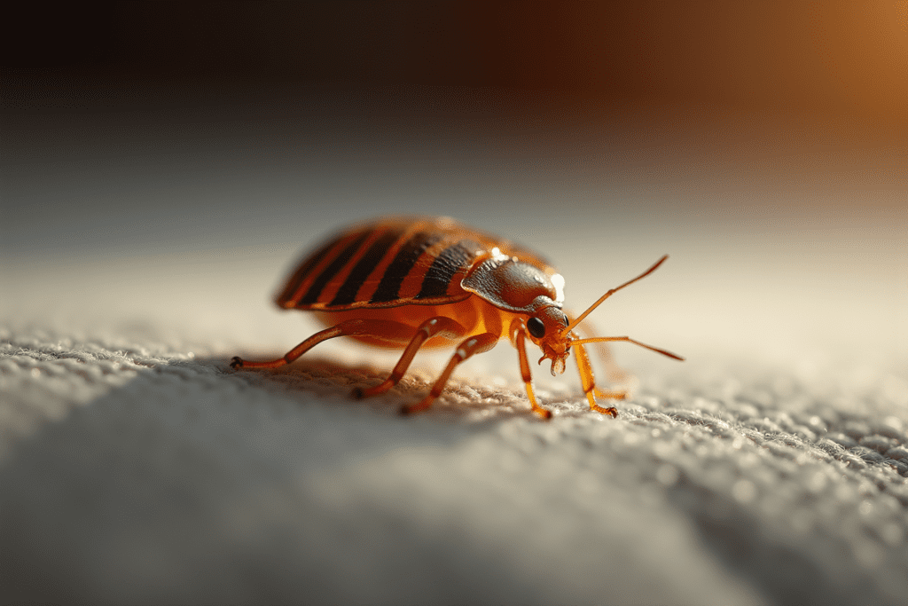 Close-up of a bed bug on a mattress seam, highlighting its features and natural colors.