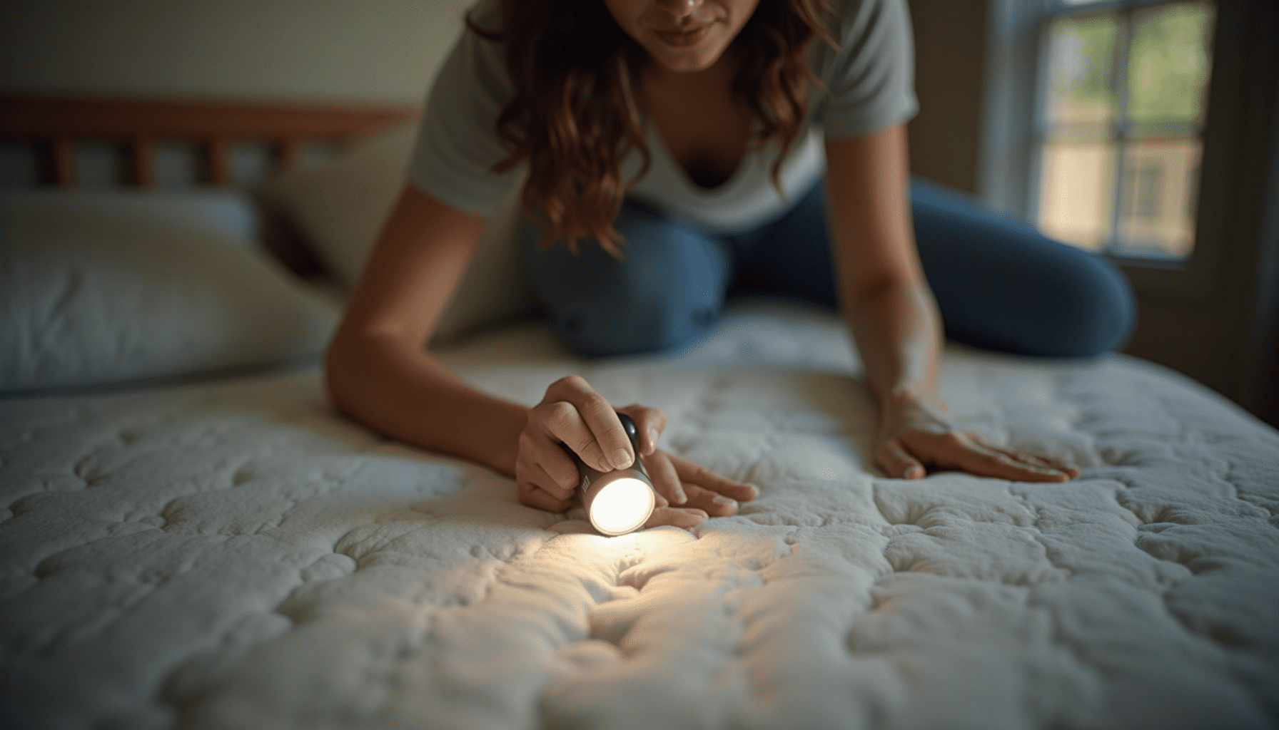 Person inspecting mattress for bed bugs, highlighting practical pest control methods.