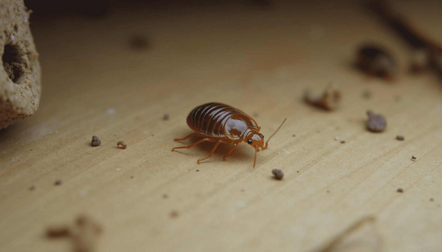Bed bug nymph on fabric, showing habitat context and signs of infestation.
