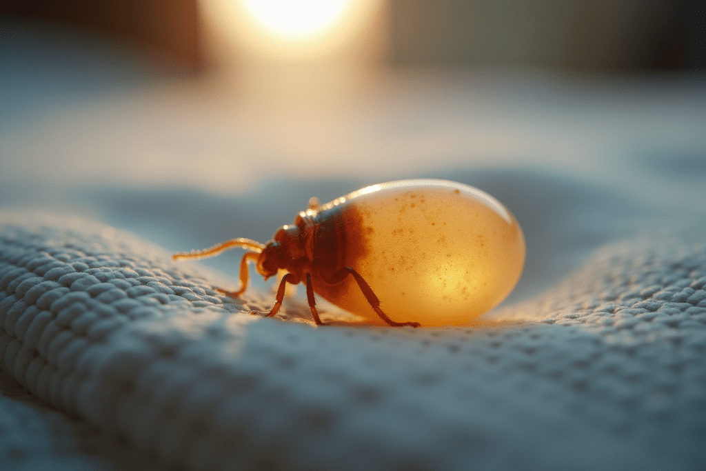 Close-up of bed bug egg in mattress seam, illustrating bed bug life cycle.