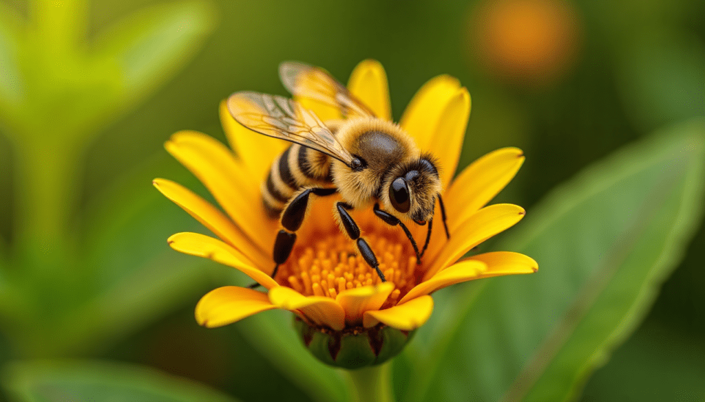 Close-up of a honeybee on a flower, highlighting bee characteristics in natural light.