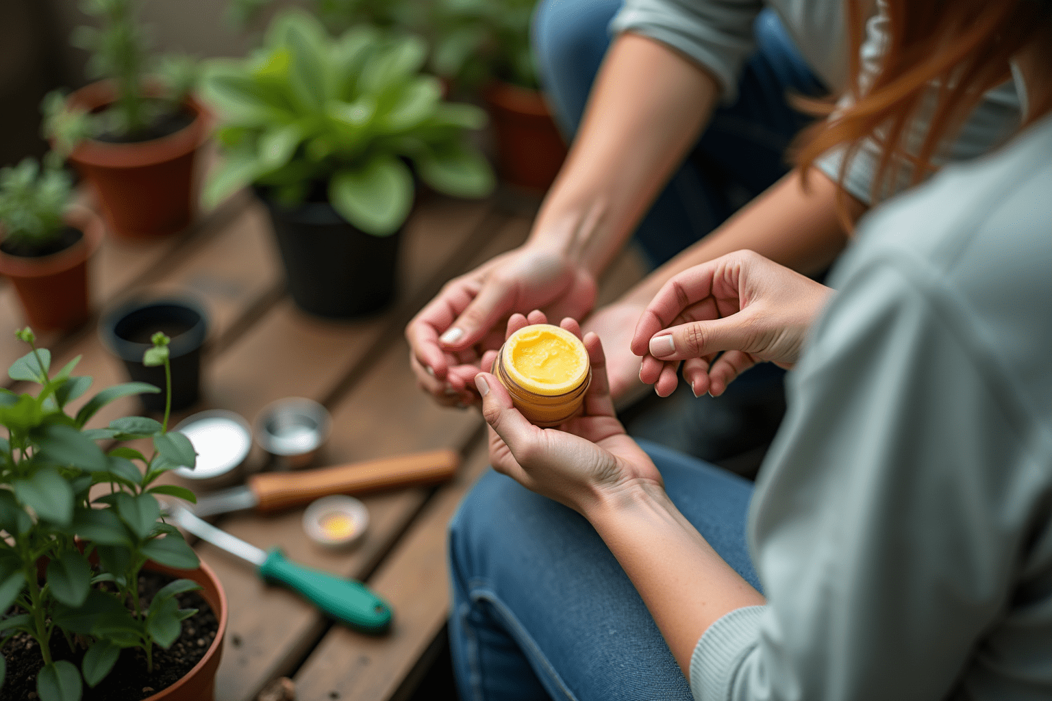 Person applying beeswax balm in a garden, highlighting beeswax skincare benefits.