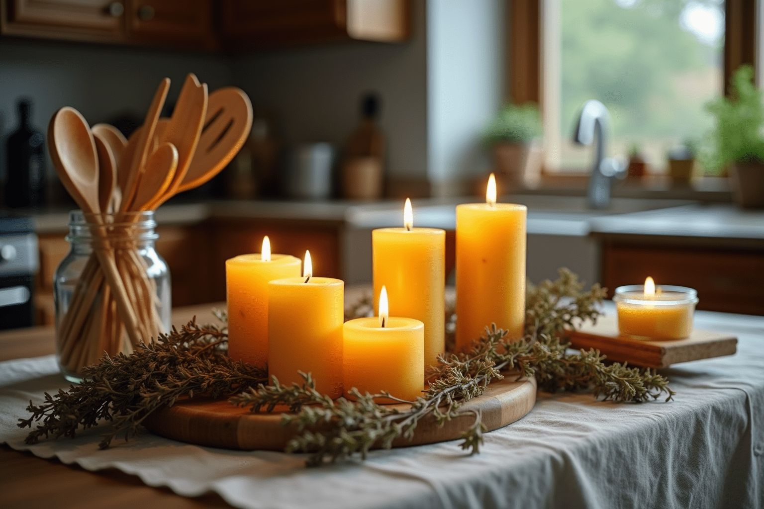 Beeswax candles and skincare balm on a rustic kitchen table, showcasing beeswax uses.