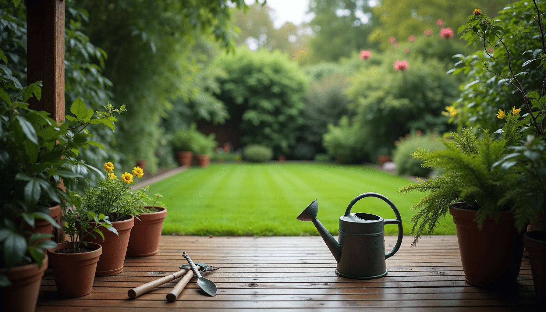 Lush backyard garden scene with a wooden patio, suggesting common environments where insect bites occur.