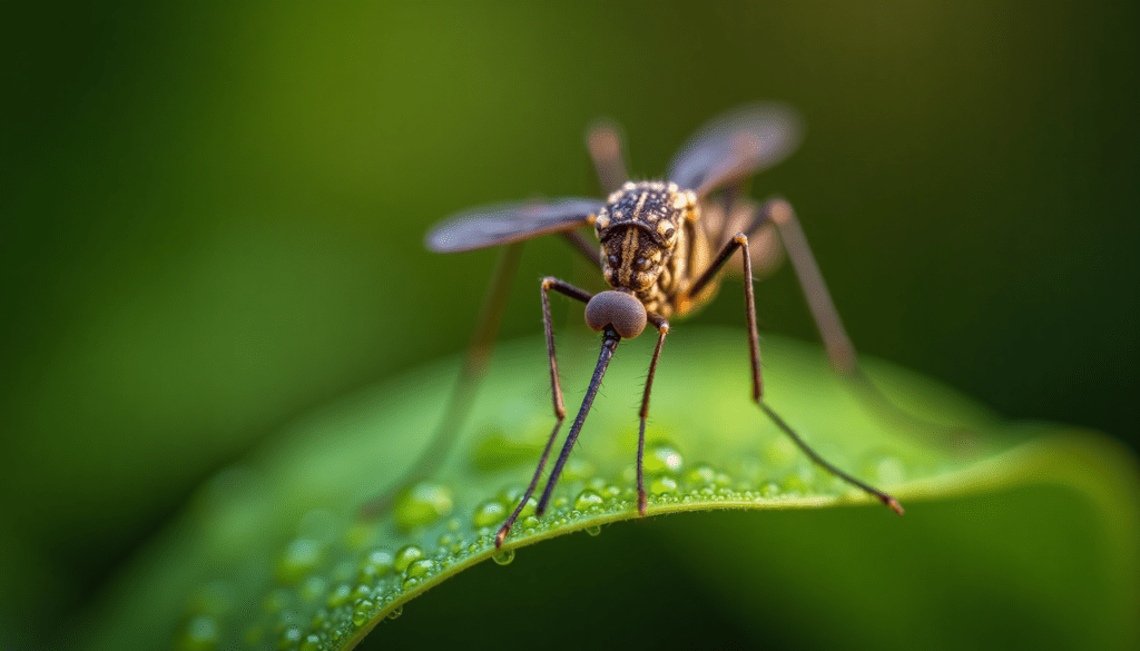 Ultra-sharp macro shot of a mosquito resting on a dew-kissed green leaf, highlighting details relevant to insect bites.