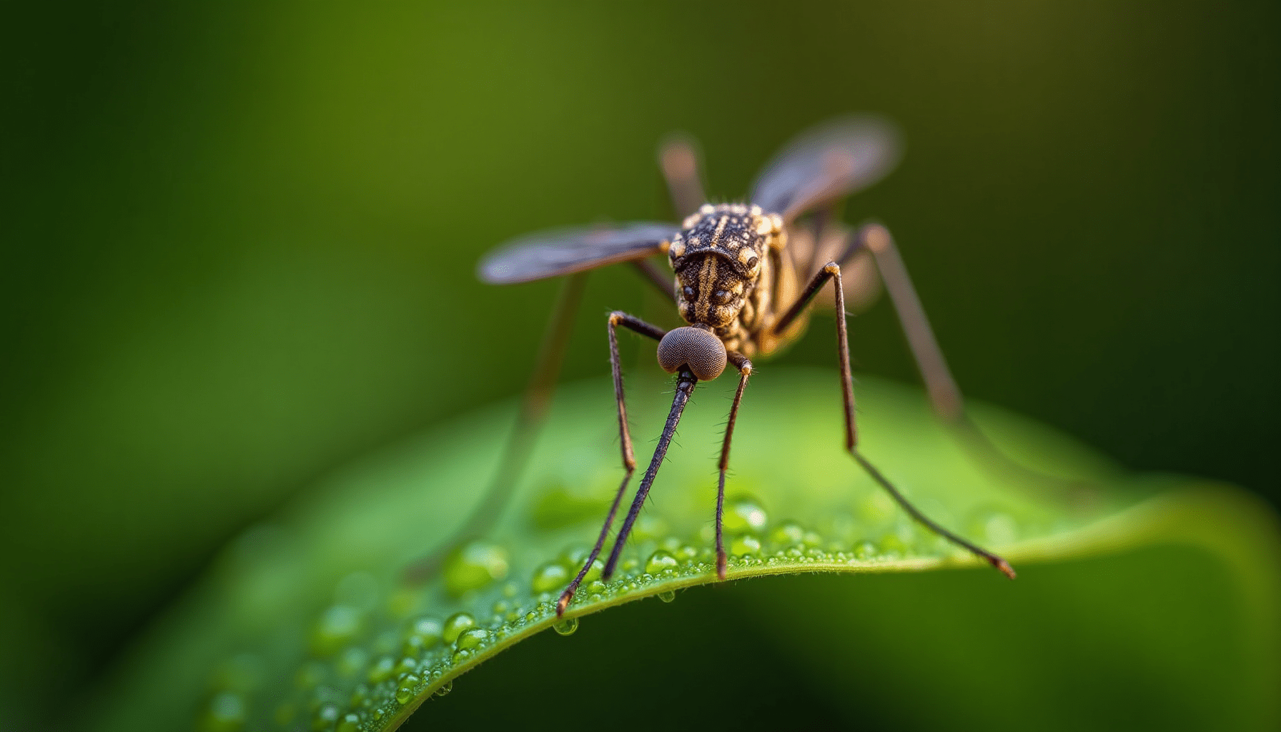 Ultra-sharp macro shot of a mosquito resting on a dew-kissed green leaf, highlighting details relevant to insect bites.