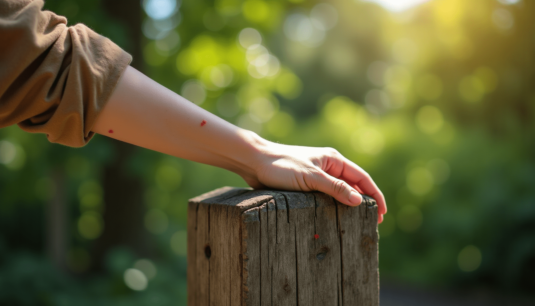 Close-up of a person's arm with a visible insect bite on weathered wood, illustrating the need for insect bite relief.