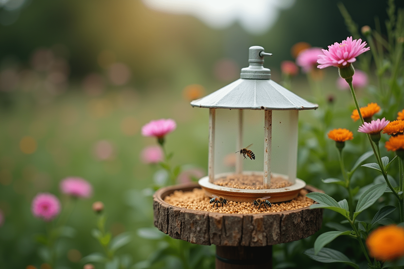 Bee feeder in a garden with flowers, illustrating a natural setting for bee nutrition.