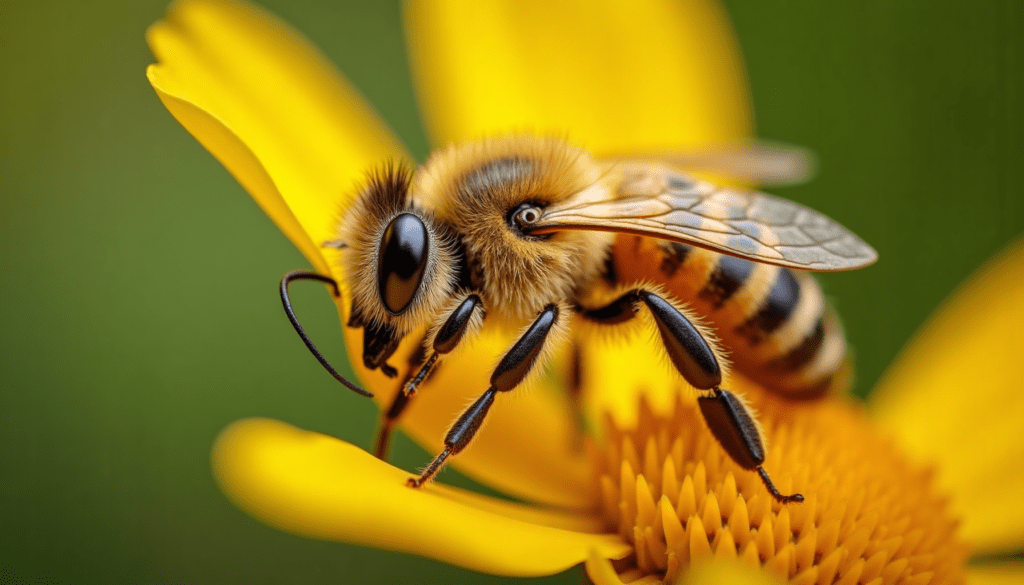 Honey bee feeding on a flower, showcasing details of bee anatomy and vibrant colors.