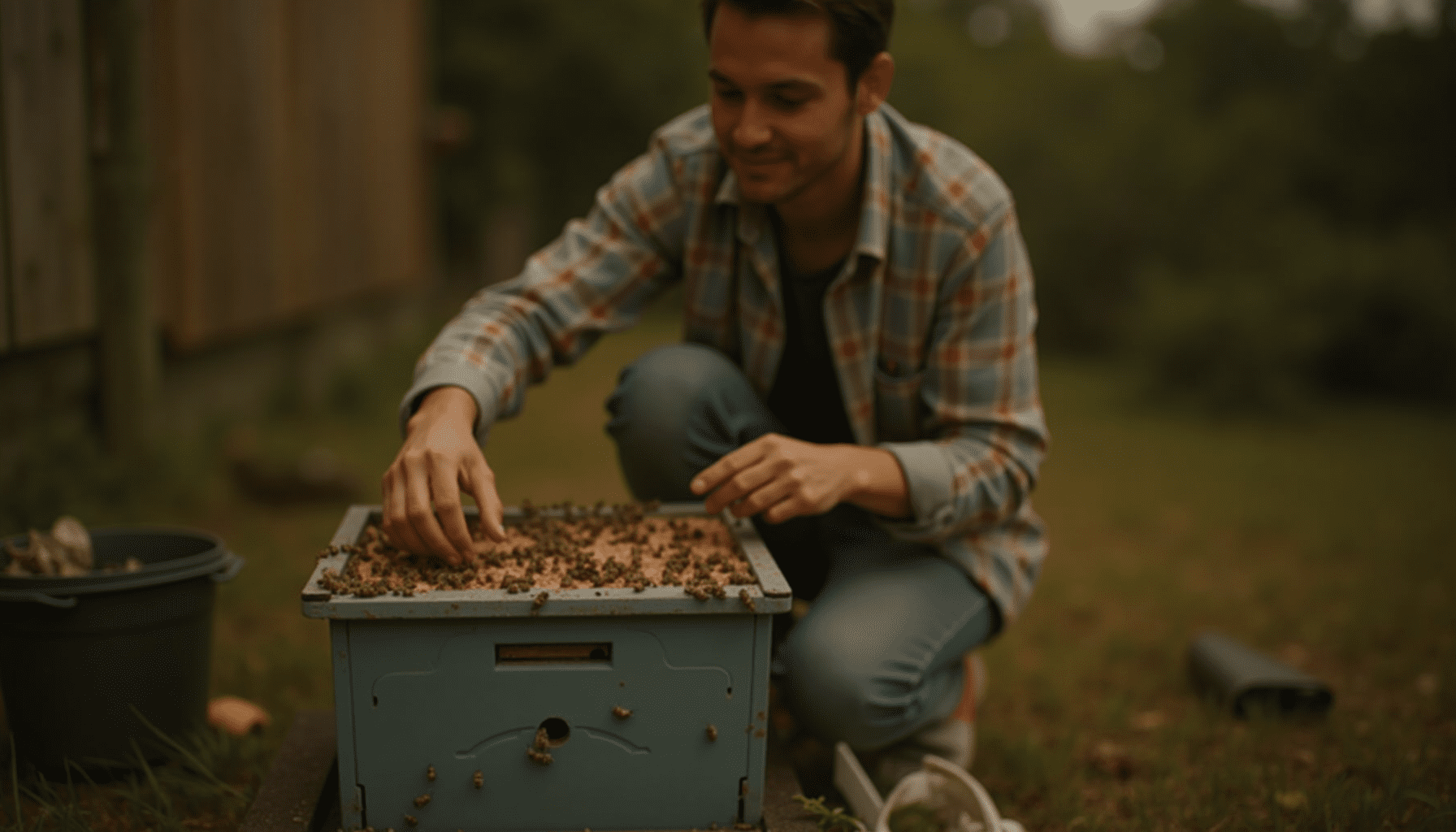 Person inspecting a bee feeder, showcasing everyday bee care practices in a backyard.