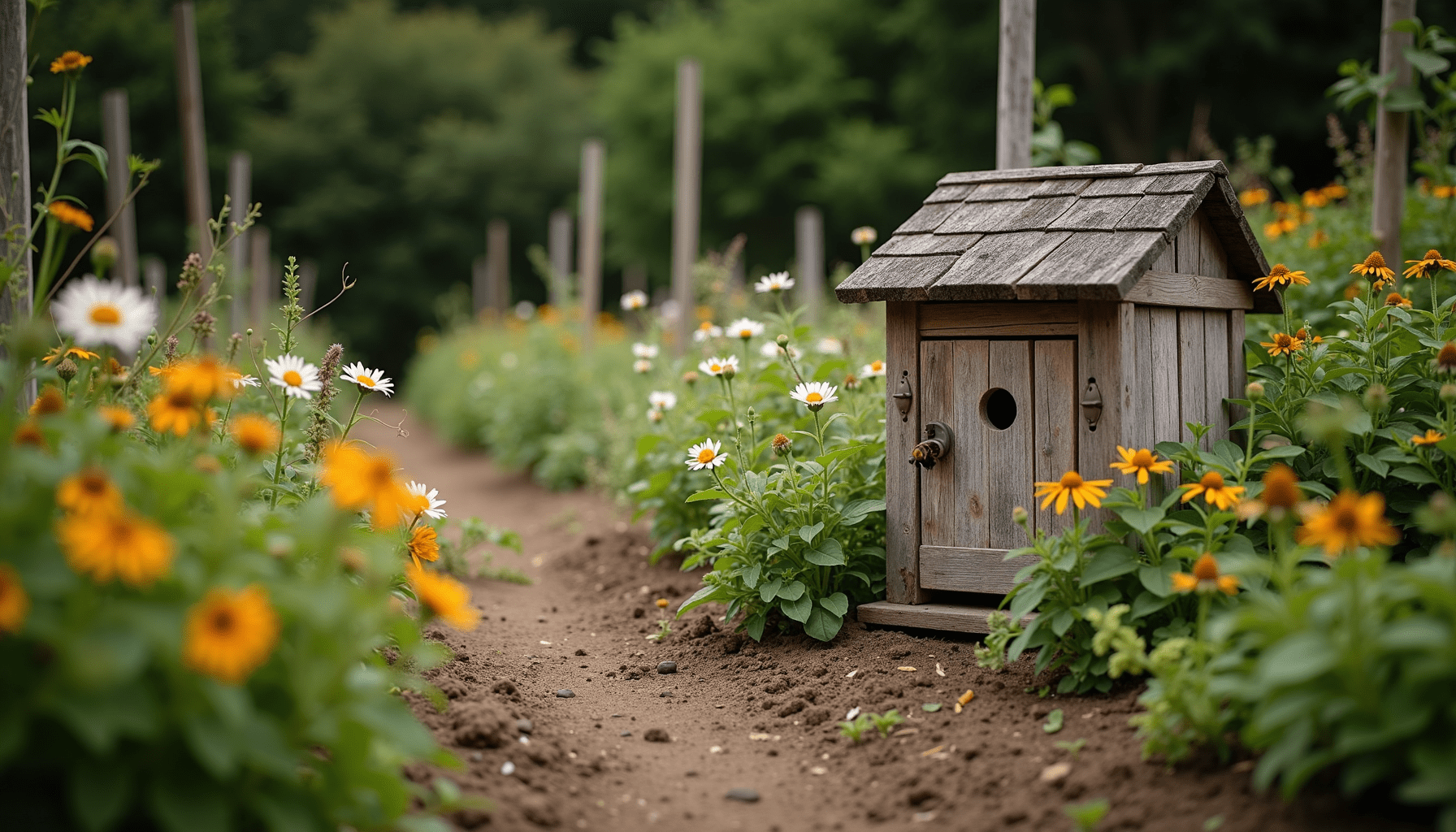 Garden scene with a rustic bee house and flowering plants, illustrating best bee houses.