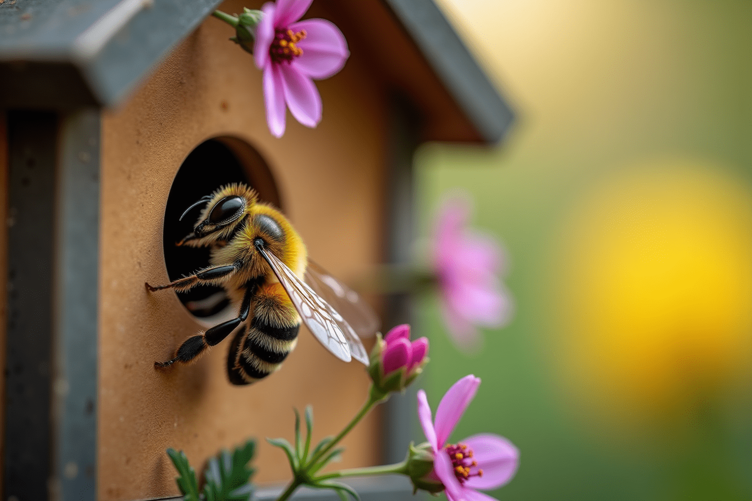 Mason bee entering a bee house, showcasing details and vibrant colors, highlighting bee houses.