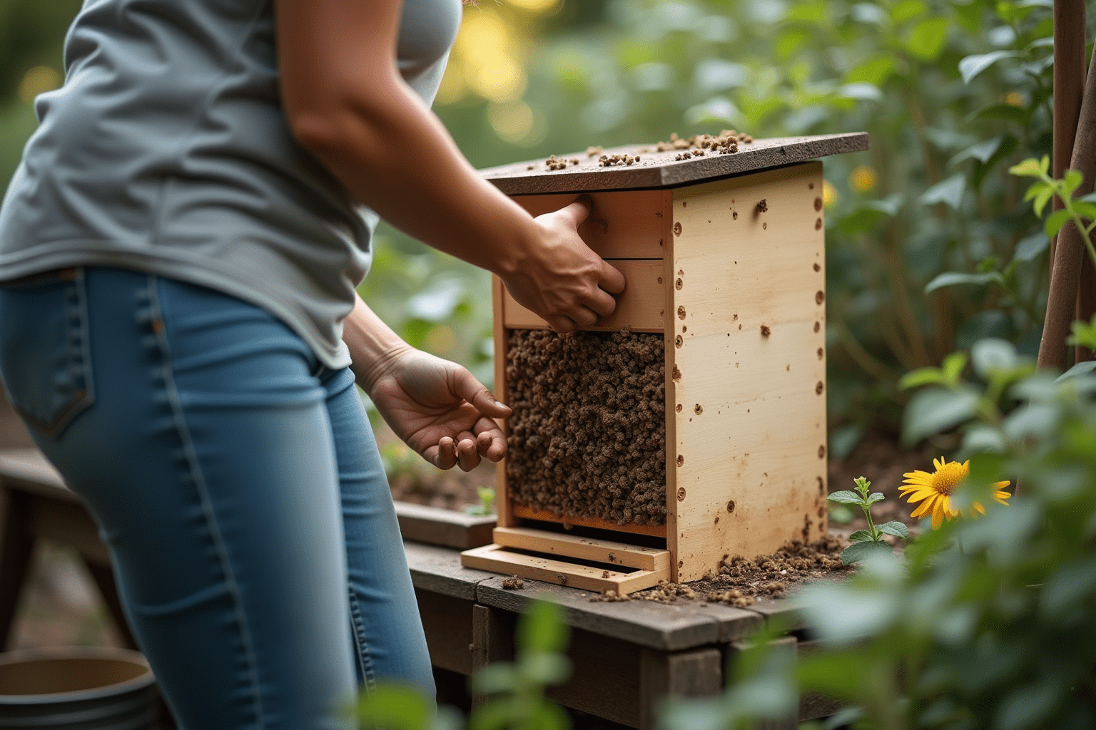 Person inspecting a bee house in a garden, showcasing realistic gardening practices.
