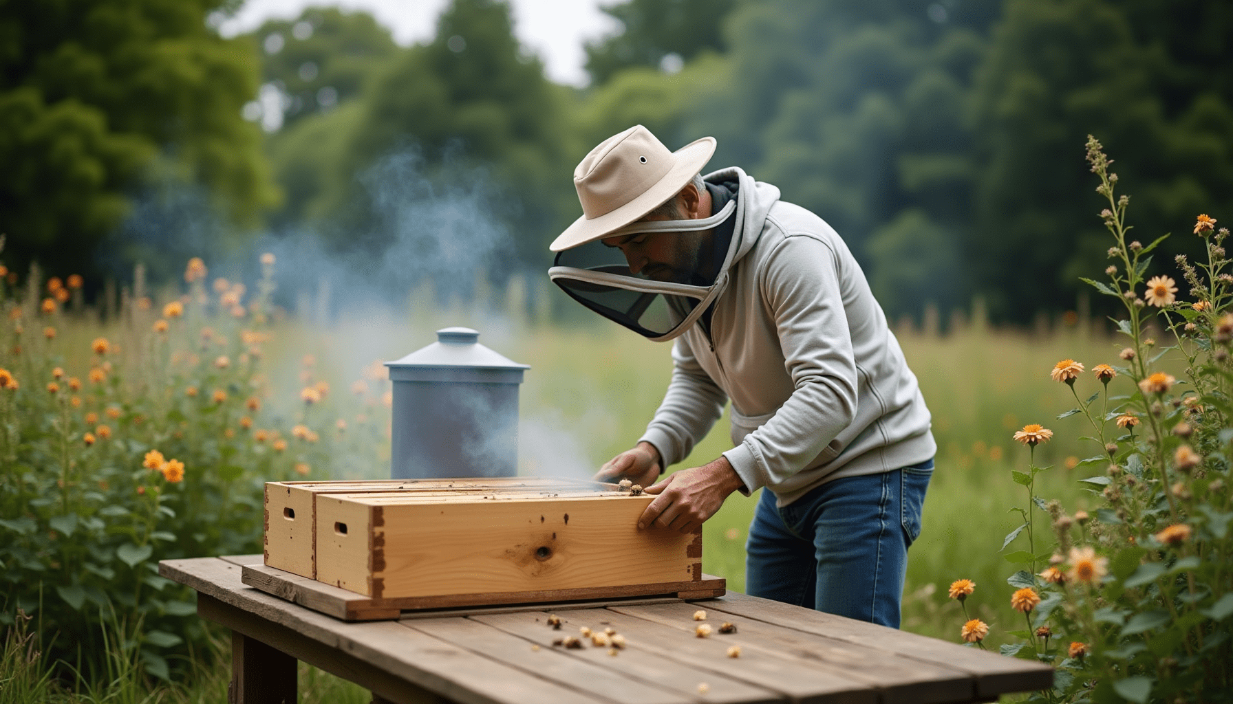 Beekeeper inspecting a hive with a bee smoker nearby, illustrating essential beekeeping tools.