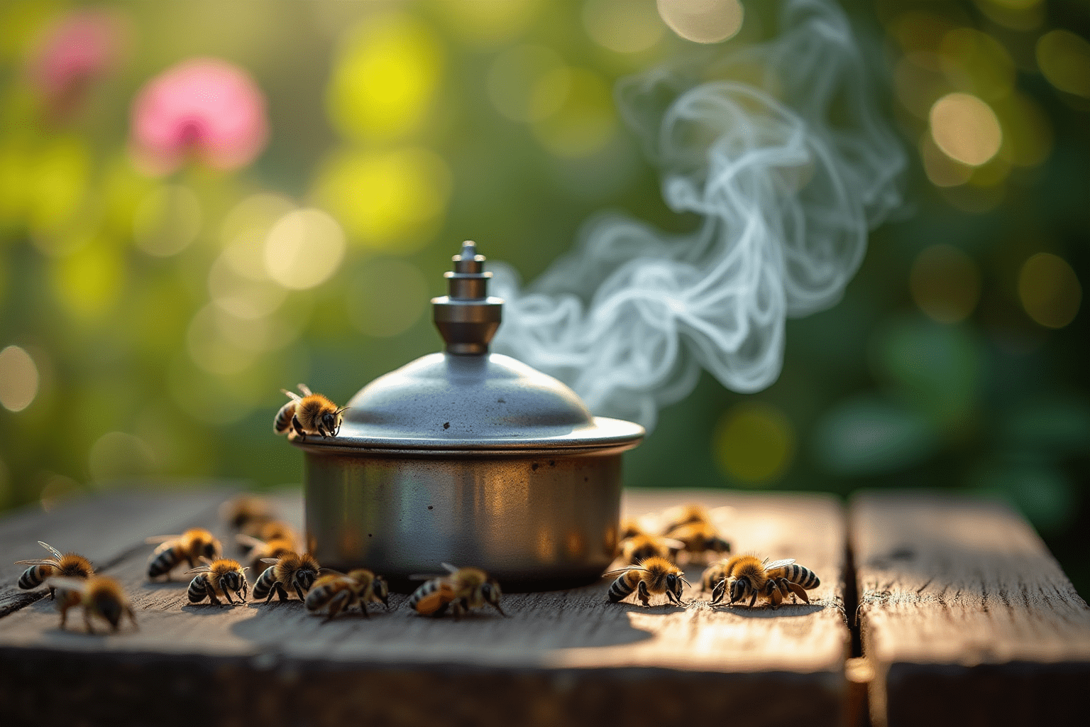Close-up of a bee smoker surrounded by bees, highlighting best bee smokers for beekeeping.