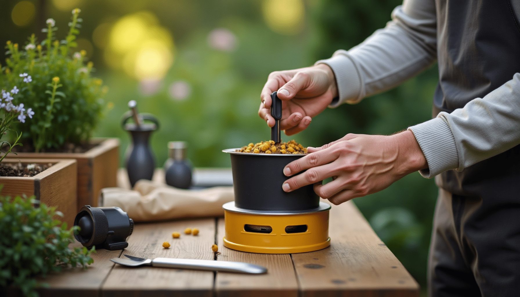 Person lighting a bee smoker in a backyard, showcasing practical use of beekeeping tools.
