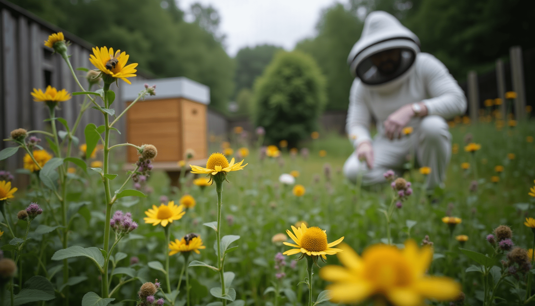 A garden scene with bees foraging and beekeeping equipment visible, showcasing a bee-friendly environment.