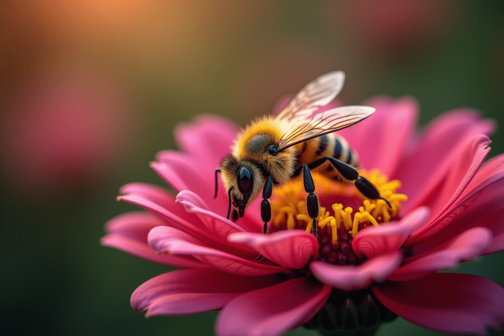 Close-up of a honeybee on a flower, showcasing details of its fuzzy body and wings.