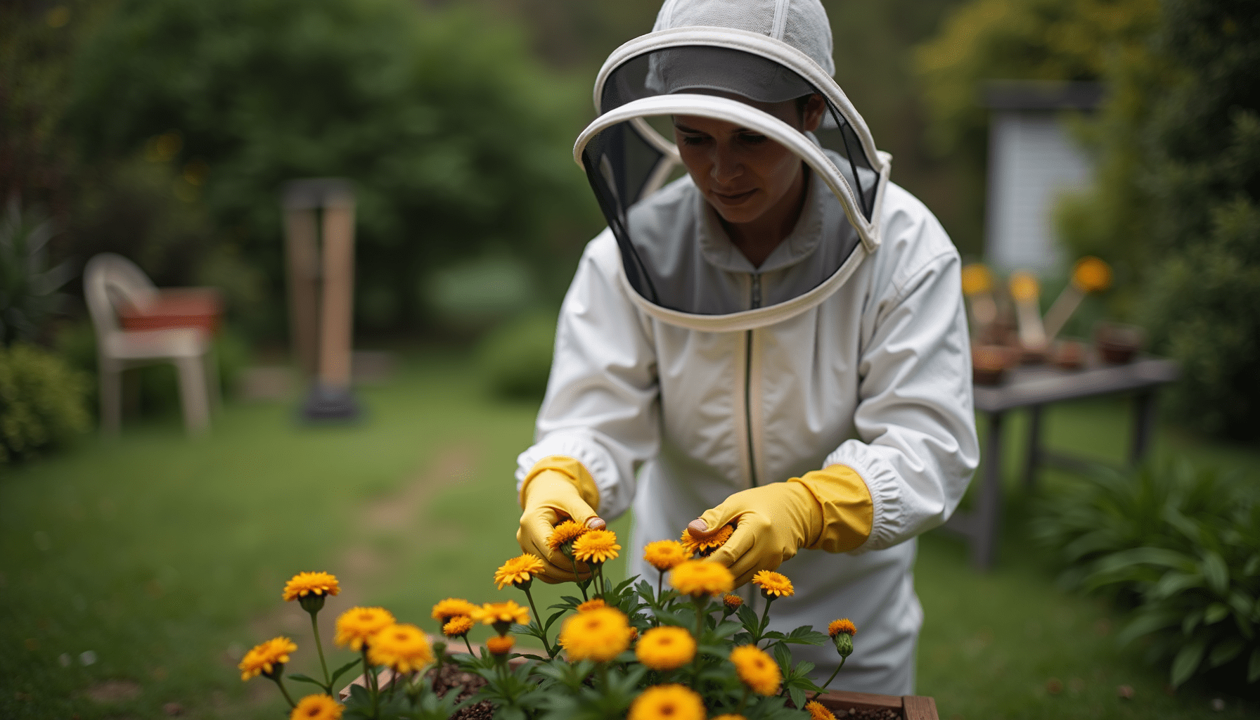 A person in a bee suit inspecting plants in a garden, showcasing practical protective gear.