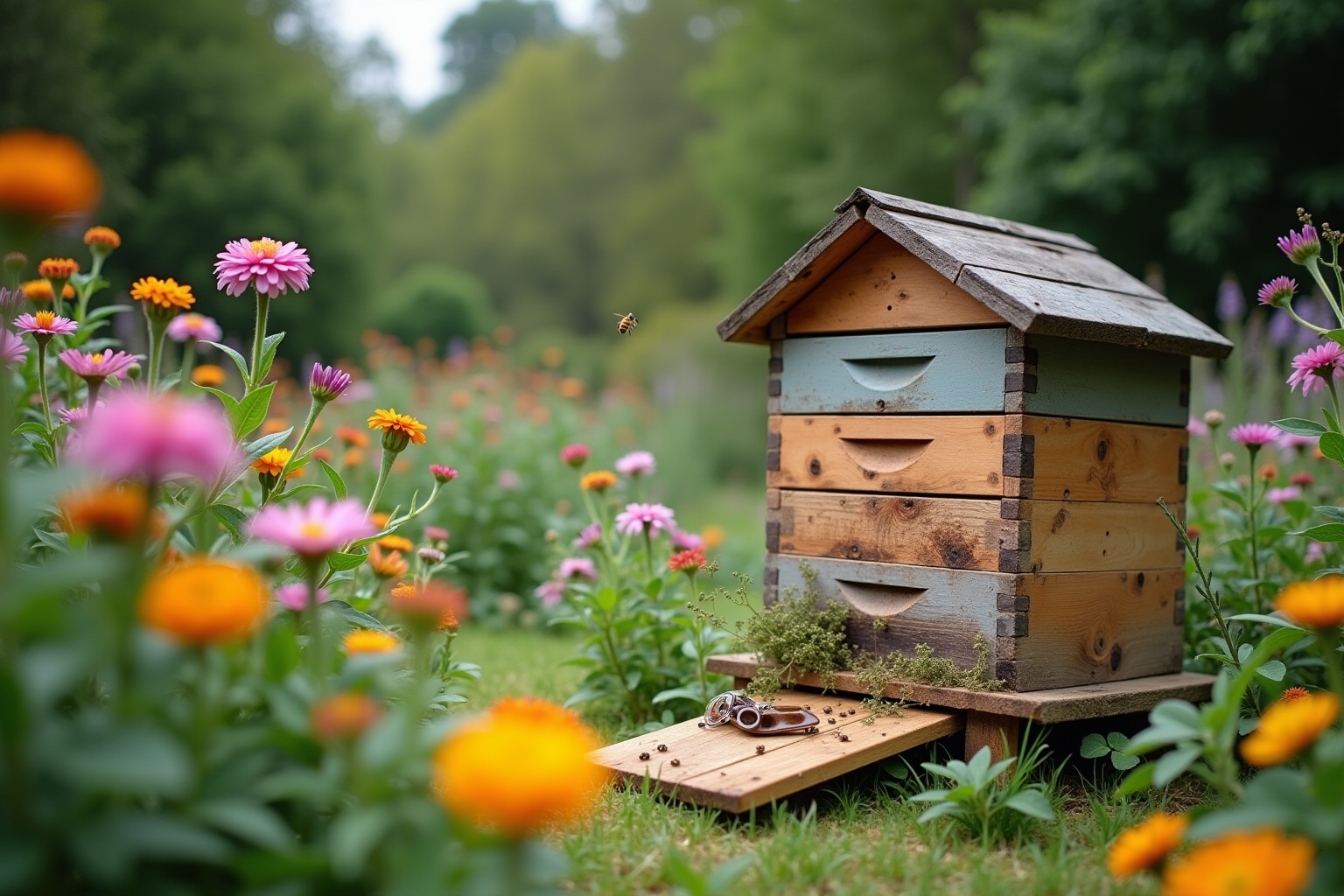 Garden scene with a beehive and flowers, showcasing a beginner's beekeeping habitat.