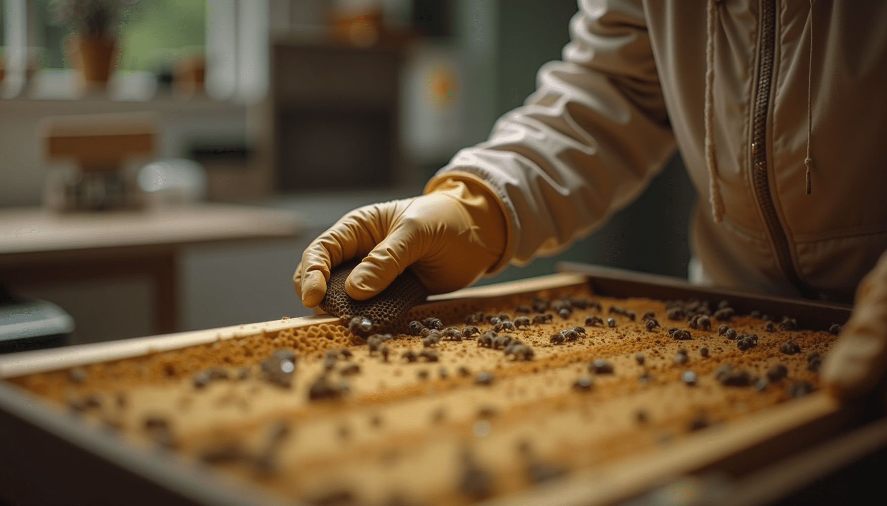Person inspecting a beehive, portraying hands-on learning in beginner beekeeping.